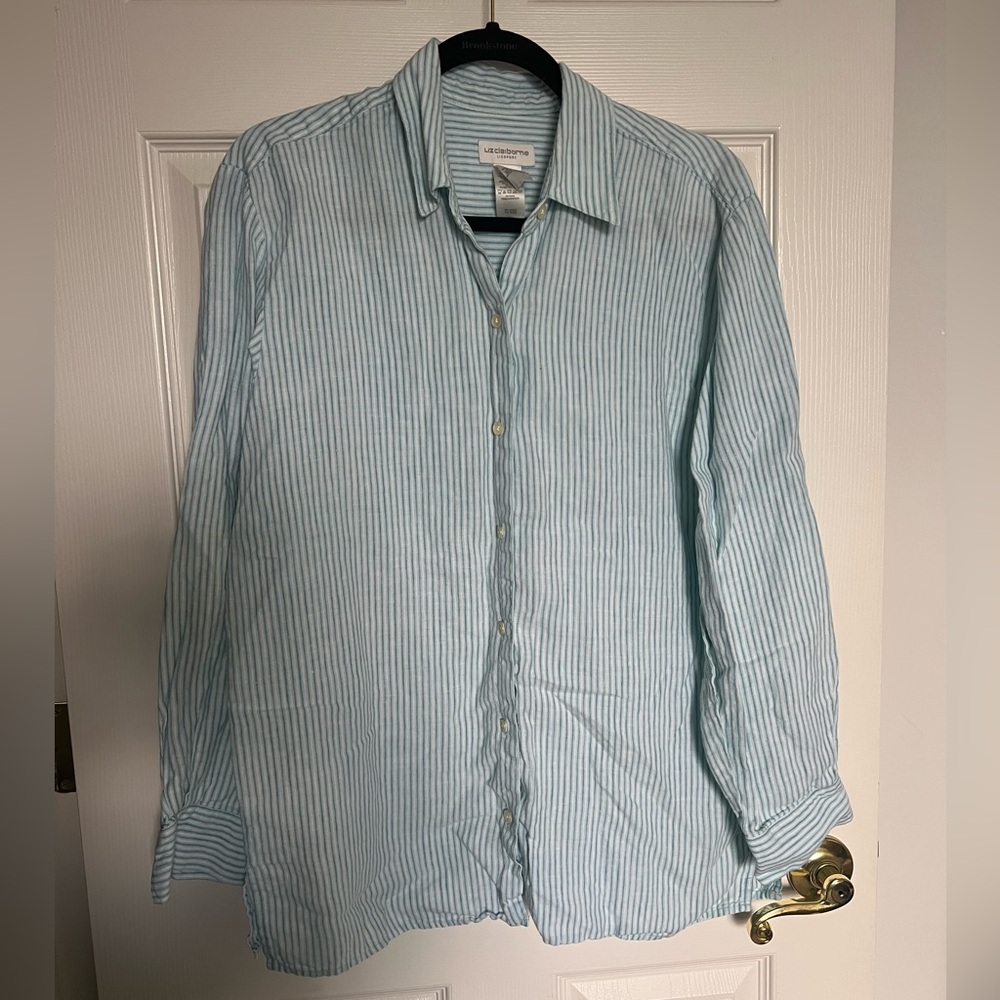 100% Linen Blue Stripe Button Up Top